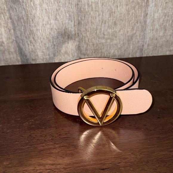 Valentino Accessories - Valentino Blush Leather Belt with Gold V Buckle